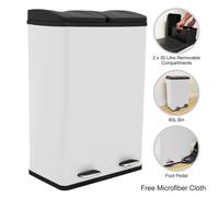 (White) Large Double Pedal Bin 60L Dual Rubbish Recycling Waste Dustbin