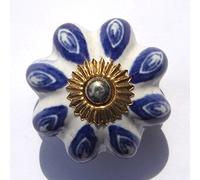 White Large Flower with Blue Petals (Brass Fittings) Ceramic Cupboard Door knobs Drawer pulls Shabby Chic Handle Porcelain