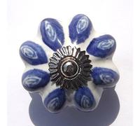 White Large Flower with Blue Petals (Chrome Fittings) Ceramic Cupboard Door knobs Drawer pulls Shabby Chic Handle Porcelain