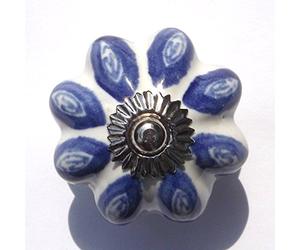White Large Flower with Blue Petals (Chrome Fittings) Ceramic Cupboard Door knobs Drawer pulls Shabby Chic Handle Porcelain