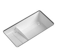 White Laundry Sink with Integrated Washboard Single Basin Pull Out Faucet Clete Drain Kit Countertop Wash Basin for Kitchen and Laundry (64x42x15.5cm 25.2x16.5x6.1in)