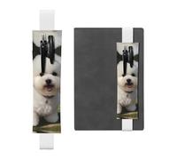 White Leather Pen Holder Bookmark HYTTER Bichon Frise Dog Printed Adjustable Elastic Band 8.3-1.8 in for notebooks Diaries Manuals Planners