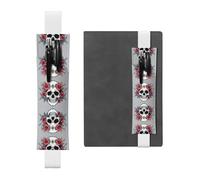 White Leather Pen Holder Bookmark WZYWHJ Flower Decorated Skull Picture - Premium PVC Leather Elastic Band Design for Notebooks, Journals, and Planners