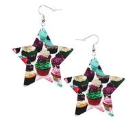 White Leather Star Earrings for Women - Delicious Cupcakes Print Dangle Jewelry, Party Favors, and Fashionable Accessories