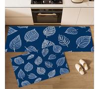 White Leaves Kitchen Rug Set 2 Pieces, Non-Slip and Washable Kitchen Runner Mat Hand-Drawn Style Standing Mats for Hallway, Dining Room and Entryway - 43x75cm+43x120cm, Dark Blue