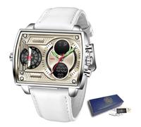 (White) LIGE New Digital Watch Men Sport Wristwatch for Men Square Digital Waterproof Quartz Wristwatch Top Luxury Causal Leather Wristwatch