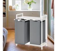 (White,Light Grey) Clothes Hamper with 2 Compartments, Removable Liner Bags, Laundry Basket, Shelf