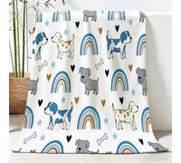 White Lightweight Flannel Throw Blanket for Sofa, Soft Animal Dog Bone Fleece Blanket for Living Room, Cartoon Rainbow Heart Planet Throw Bed, Warm Cosy Decor Blanket or Gift, 180x200 cm