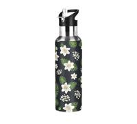 White Lilies Green Leaves Insulated Water Bottle 32 Oz, BPA-Free Sports Water Bottle with Straw Leakproof Water Bottles