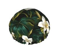White Lilies On Green Leaves Waterproof Reusable Shower Cap For Women - Elastic Hair Cover For Bath, Spa, Travel & Daily Use