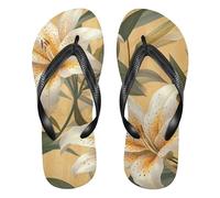 White Lily Flower Light Yellow Stripes rubber reef flip flops lightweight women's flip for Outdoor Swimming, Hiking,