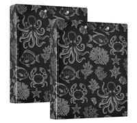 White Line Fish Crab Black Three Ring Binder, D Ring Binders with Clipboard Large 3 Binders for School, College, Office (2 Pack)