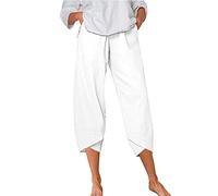 White Linen Drawstring Trousers Pants for Women Waterproof Trousers Summer Beach Sale Clearance Track Pants Casual Summer Elastic High Waist Linen Straight Wide Leg Cropped Pants