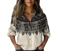 White Linen Tops for Women Uk Floral Embroidered Top Retro Boho Floal Print Linen Tops Dressy Roll Up Long Sleeve Button Down Collared Blouses Casual Elegant Work Tunics with Pockets Khaki Style#1 4XL
