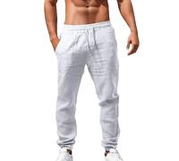 White Linen Trousers Men, Linen Trousers Mens Cotton & Linen Blend Drawstring Pants High Waist Breathable Lightweight Quick-Dry with Elastic Cuffs for Outdoor Hiking & Casual Weekend Wear