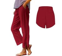White Linen Trousers Womens Elasticated Waist Trouser Ladies Summer Pants Plain Loose Fit Pant Casual Straight Leg Bottoms with Pockets (Watermelon Red, M)