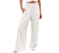 White Linen Trousers Womens Petite Linen Trousers Womens Summer Lightweight Wide Leg Palazzo Yoga Pants Casual Loose Fit Elasticated High Waist Long Straight Bottoms Tummy Control Vacation Beach Wear