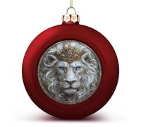 White Lion Wearing Ancient King's Crown Christmas Ball Ornaments Shatterproof Hanging Xmas Balls for Christmas Tree Decoration Red Xmas Tree Balls for Holiday Wedding Party