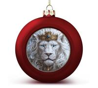 White Lion Wearing King's Crown Christmas Ball Ornaments Shatterproof Hanging Xmas Balls for Christmas Tree Decoration Red Xmas Tree Balls for Holiday Wedding Party