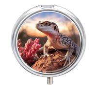 White Lizard Travel Pill Box Case 3 Compartment Cute Pill Organizer Metal Pill Holder with Mirror Small Medicine Organizer Daily Pill Container for Purse Pocket Portable Meds Box