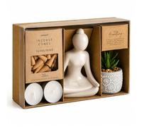 White Lizzy Buddha Gift Set for Women & Men - Meditation Spa Relaxation Set with Buddha Ornament, Sandalwood Incense Cones, Candle Holders & Decorative Pebble Pot - Zen Home Décor Wellness Gift