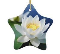 White Lotus Flowers Christmas Ceramic Star Ornament with Hanging Ribbon, Holiday Hanging Decoration for Tree & Home