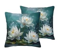 White Lotus Flowers Print Print Pillowcase 60x60 CM Set 2 Pack Linen-Look Square Pillow Covers Cushion Cover for Sofa, Bed, Living Room, Garden & Office Decor