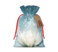 White Lotus Flowers Printed Christmas Drawstring Bags with Red Christmas Ribbon - Reusable Burlap Drawstring Gift Pouches, S