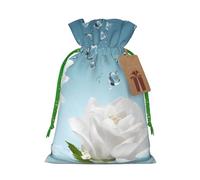 (White Lotus Flowers) Printed Christmas S Size Gift Bags with Green Ribbon Drawstring Candy Bags for Kids Xmas Holiday Christmas Eve Presents