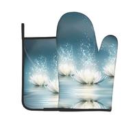 White Lotus Flowers Printed Insulated Oven Mitts for Grilling, Steaming, and Cooking - 20.5 * 20.5cm with Hanging Storage