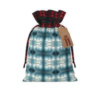 White Lotus Flowers Printing Color Matching Plaid Drawstring Christmas Bag With Kraft Tag 4.7x6.9 In For Halloween