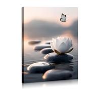 White Lotus Wall Art Canvas Flowers and Stones Spa Butterfly Painting Pictures for Yoga Room Spiritual Room Bathroom Zen Spa Photo Decor Framed Ready to Hang 12X16inches