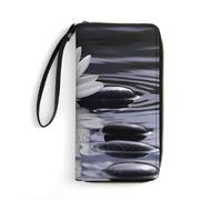 White Lotuses and Black Zen Stones Long Wallet PU Leather Credit Card Holder Money Clip Purse with Hand Strap