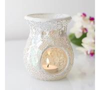 White Lustre Mosaic Wax Melt Burner - Small, Iridescent Crackle Glass Oil Burner Single Tea Light Candle Holder Aroma Gift Decoration Lamp