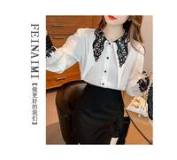 (WHITE, M) Women Spring Summer Fashion Lace Patchwork Solid Color Long Sleeve Chiffon Shirts Ladies Elegant All-match Temperament Tops