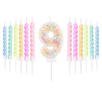 White Macaron 9th Birthday Candles Set, Girls Boy 9th Birthday Decorations,Number 9 Candle for Cake,12pcs Pastel Spiral Candles Rainbow Candle for Girl Boy Party Decoration,Baby Showers Supplies