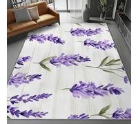 White Machine Washable Area Rugs, Soft Antifouling Carpet for Living Room Bedroom Kitchen Nursery, Watercolor Lavender Leaves Printed Low Pile Floor Mat for Easy Care, 60 x 90 cm