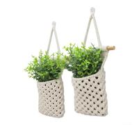 White Macrame Wall Planters 2 Pack, Handmade Cotton Rope Hanging | for Fake Plants and Flowers, Boho Wall Decor Storage Pockets for Kitchen Herbs Bedroom Living Room, Minimalist Home