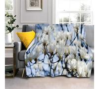 White Magnolia Blanket Floral Fluffy Throw Blanket for Bed Sofas, Soft Warm Fleece Blankets and Throws, Double Size 150x200cm AL1792