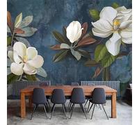 White Magnolia Flower Wall Mural Vintage Floral Art Mural Wallpaper 200 × 140 Cm Dark Teal Texture Nature Botanical Wallpaper Large Non Woven Wall Decor for Living Room Girls Bedroom Magnolia Flowe