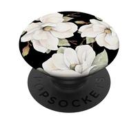 White Magnolia Flowers on Black PopSockets Adhesive PopGrip