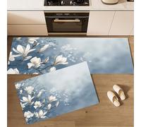 White Magnolia Kitchen Rug Set 2 Piece with Light Blue Non Slip Machine Washable Kitchen Mats for Floor Minimalism Kitchens Floor Mat Carpet Runner Rugs for Laundry Holiday Decor