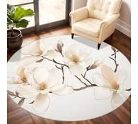White Magnolia Round Rugs for Bedroom, Branch Floral Circle Rug 60cm, Watercolor Flowers Rug, Non Slip Round Rugs for Living Room Dining Beneath the Furniture