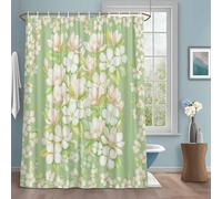 White Magnolia Shower Curtain with 12 Hooks Spring Floral Leaf Botanical Green Waterproof Fabric Shower Curtains Sets for Bathroom Bath Decorations, Machine Washable, 36"x78"