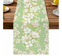 White Magnolia Table Runner, Spring Floral Leaf Botanical Green Cotton and Table Linen Runner for Kitchen Dining Home Decor for Party Festival Holiday Decoration Gift 13x70in