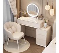 White Makeup Desk with Petal Chair 3-Color LED Light Vanity Table Wooden Dressing Table for Bedroom Compact Size (70x40x76 cm)