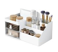 White Makeup Organizer with Drawer - Office Desktop Storage Box, Cosmetic Brush Holder, Plastic Vanity Organizer Beauty Organiser Desk Organizer for Countertop, Bathroom & Bedroom