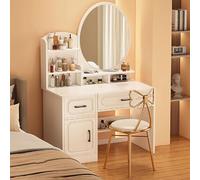 White Makeup Vanity Set with Drawers, Small Engineering Wood Desk, HD Round Mirror, Curved Chair for Bedroom - Stylish Makeup Table & Chair Combo