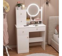 White Makeup Vanity Table with Lighted Mirror 2 Drawers 1 Door Open Shelves Elegant Dressing Table for Bedroom Stylish Cosmetic Station