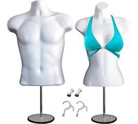 White Male + Female Mannequin Torso Set, Dress Form Hollow Back Body T-shirt Display, w/ Clothes Clips, Metal Stand for Counter Top by DisplayTown for Craft Shows, Photos or Design, S-M Sizes.